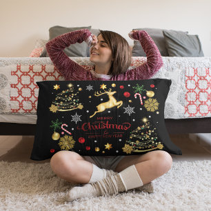 Coussin Rectangle Red Gold Reindeer Joyeux sapin de Noël