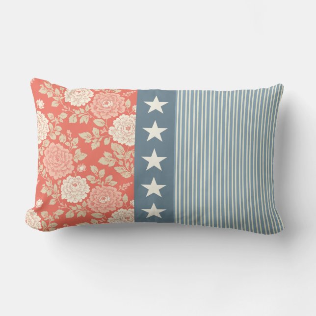 Coussin Rectangle Red White Blue Stripe Block Print Stars (Recto)