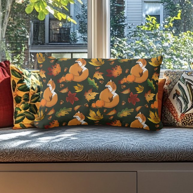 Coussin Rectangle Renard roux Feuilles d'automne Glands Motif vert (Créateur téléchargé)