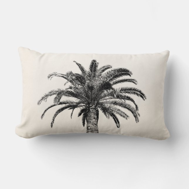 Coussin Rectangle Rétro palmier tropical d'île en noir et blanc (Recto)