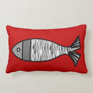 Coussin Rectangle Rétros poissons modernes, rouge-foncé et gris/gr