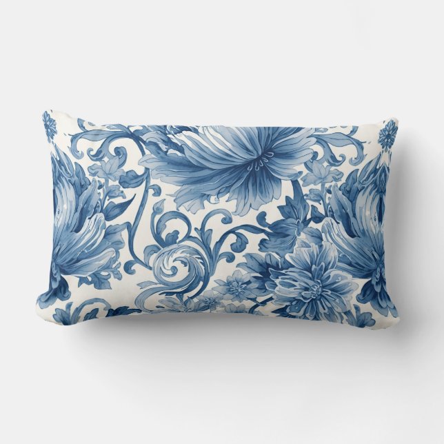 Coussin Rectangle Rêves bleus | Chinoiserie Florale Aquarelle (Recto)
