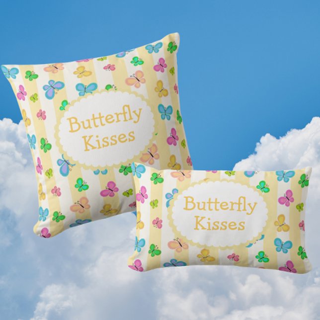 Coussin Rectangle Rêves de Papillon Personnalisé Rayure Jaune Blanc  (Personalize with a name or message!)
