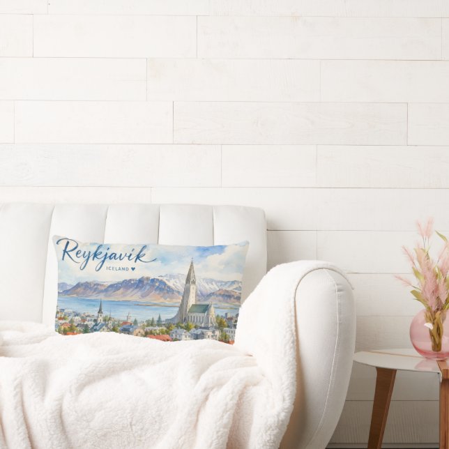 Coussin Rectangle Reykjavik Islande souvenir aquarelle  (Canapé)