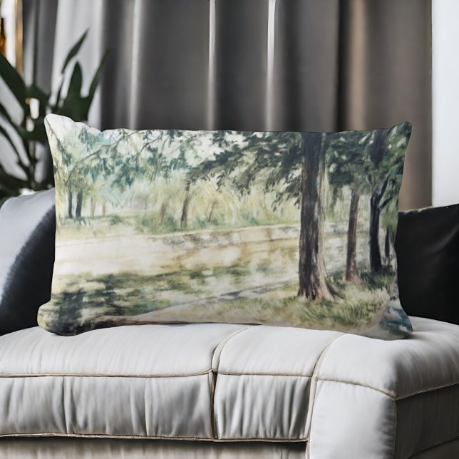 Coussin Rectangle Rivière des arbres verts d'été peinte à la main (Créateur téléchargé)