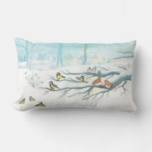 Coussin Rectangle Robins rouges et Tit Birds en forêt d'hiver