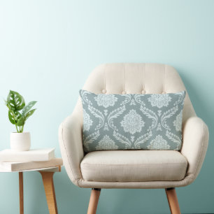 Coussin Rectangle Rococo Damassé Grand Motif Bleu Canard+Turquoise
