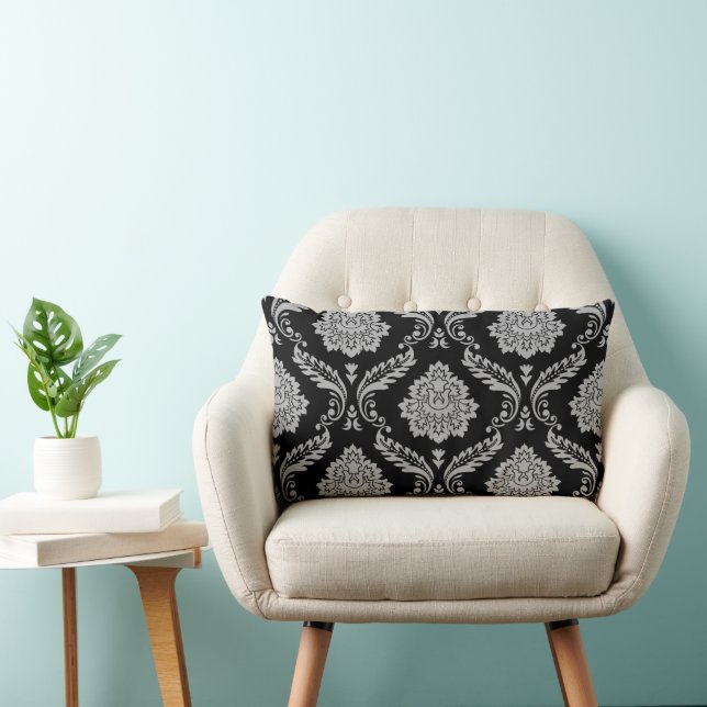 Coussin Rectangle Rococo Damassé Grand Motif Gris sur Noir (Chaise)
