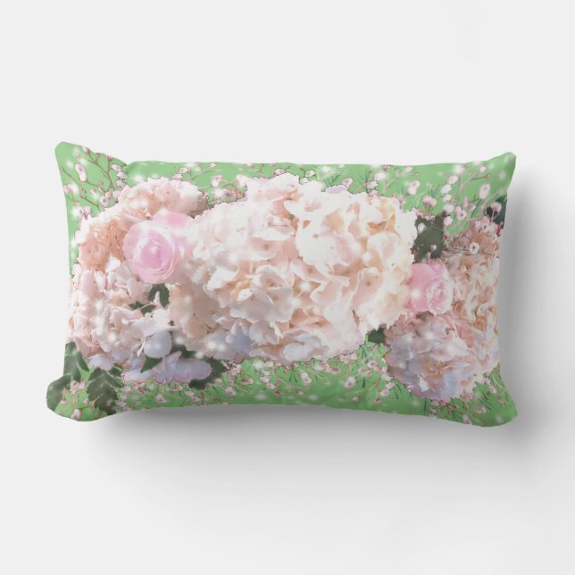 Coussin Rectangle Romantique dentelle blanche hydrangée roses roses (Recto)