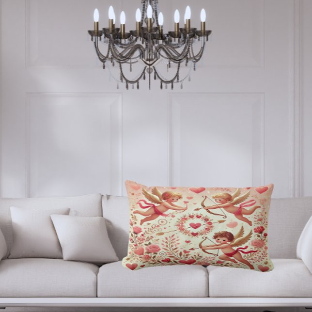 Coussin Rectangle Romantique rose et or cupide (Romantic Pink and Gold Cupid Lumbar Pillow – Add a sweet touch of love to your space.)