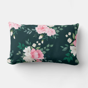 Coussin Rectangle rose, blanc floral noir sol