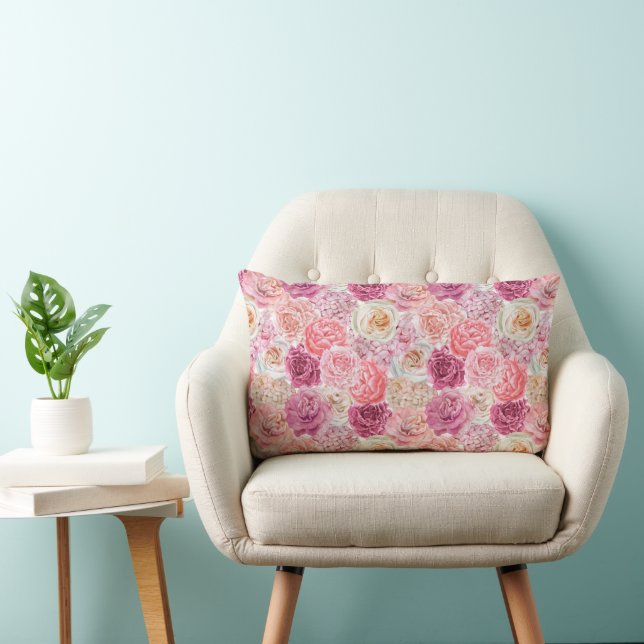 Coussin Rectangle Rose Blanc Rosé Magenta Floral Fleurs  (Chaise)