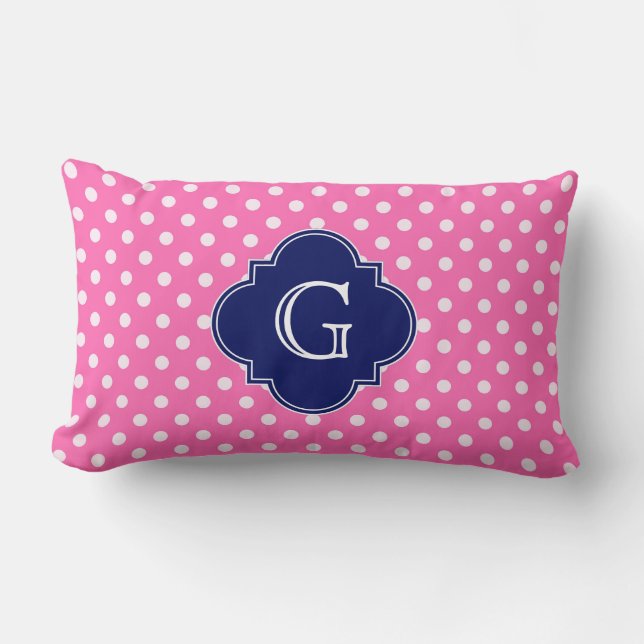 Coussin Rectangle Rose chaud #2 Wht Polka Dot Navy Quatrefoil Monogr (Recto)