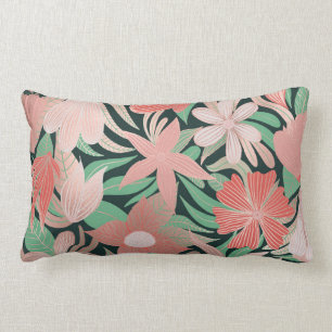 Coussin Rectangle Rose Coral vert  Floral Feuilles Illustrations