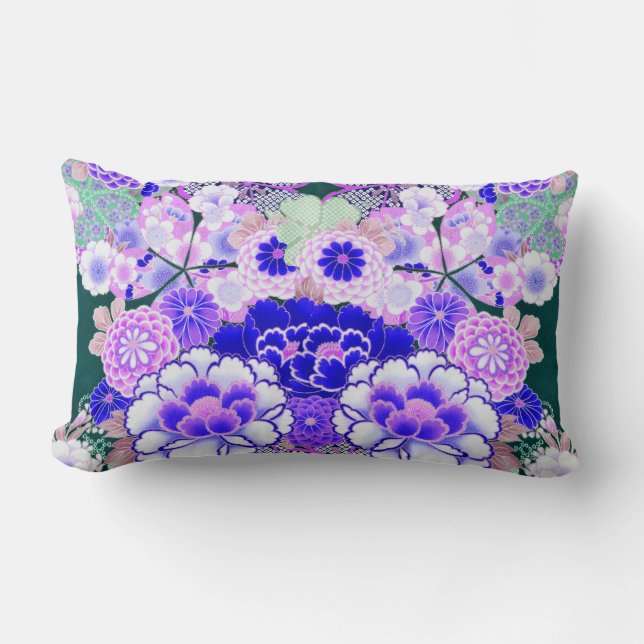 Coussin Rectangle ROSE FLEURS BLEUES Peony, Floral japonais Rose (Recto)
