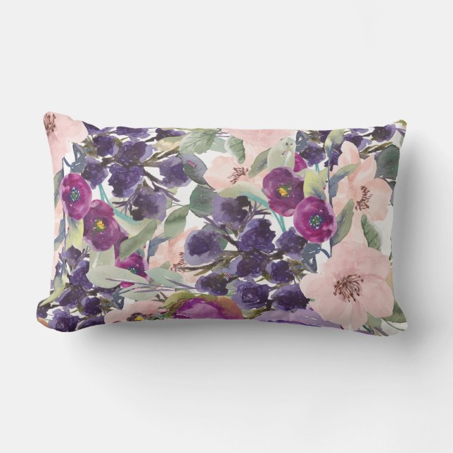 Coussin Rectangle Rose Pâle Violet Aquarelle Floral Vert Sauge (Recto)