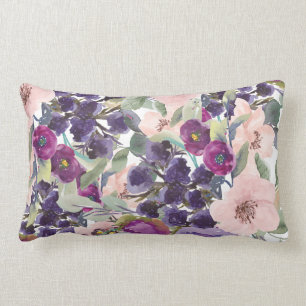 Coussin Rectangle Rose Pâle Violet Aquarelle Floral Vert Sauge