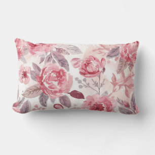 Coussin Rectangle Rose Pivoine Roseau Aquarelle Jardin Floral