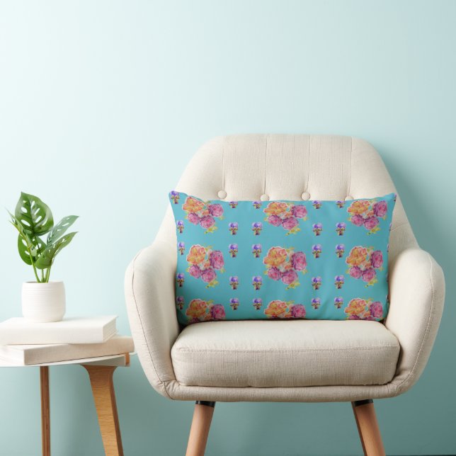 Coussin Rectangle Rose Rouge Rose Shabby Chic Bleu Turquoise Floral  (Chaise)