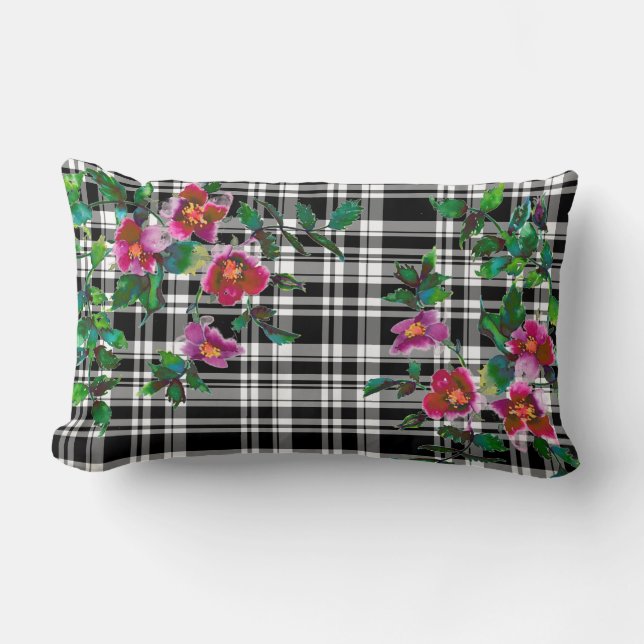 Coussin Rectangle Rose vintage - plaid noir et blanc (Recto)