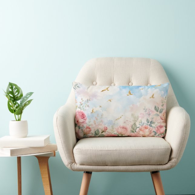 Coussin Rectangle Roses aquarelles rêveuses et oiseaux dorés Fleur A (Chaise)