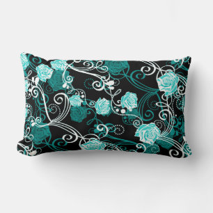 Coussin Rectangle Roses Black Turquoise & White