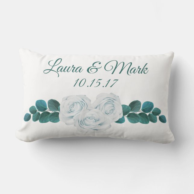 Coussin Rectangle Roses blanches et Foliage Nom du couple Mariage Da (Recto)