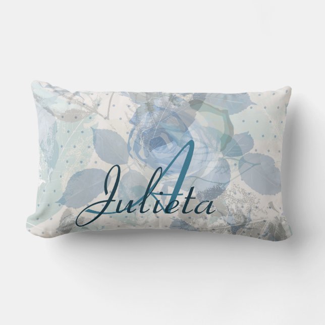 Coussin Rectangle Roses bleu monogrammes (Recto)