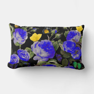 Coussin Rectangle ROSES BLEUS ET BOUTEILLES JAUNES Noirs
