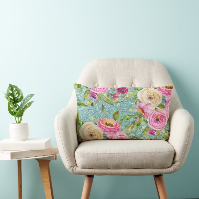 Coussin Rectangle Roses d'aquarelle en Parties scintillant Aqua rose (Chaise)