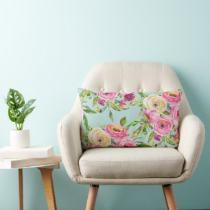Coussin Rectangle Roses d'aquarelle en rose et crème sur jaune