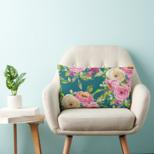 Coussin Rectangle Roses d'aquarelle en rose et crème sur Turquoise