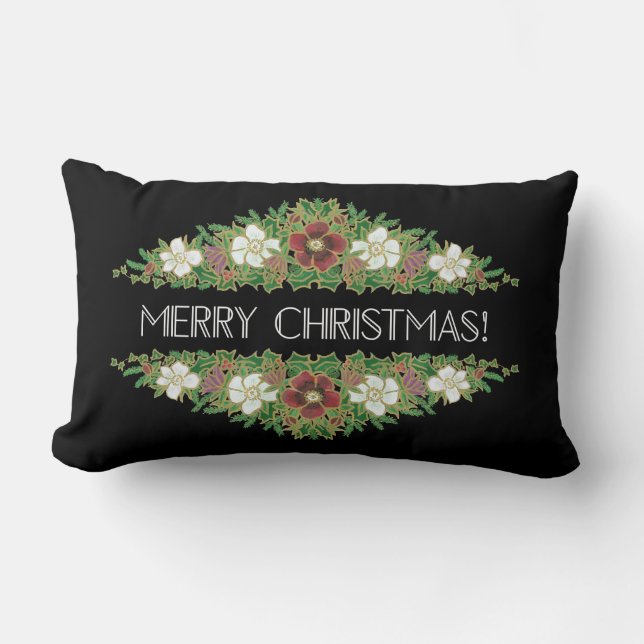 Coussin Rectangle Roses de Noël floraux, Hellebores, Holly Ivy (Recto)