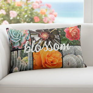 Coussin Rectangle Roses et cactus Photo Collage Blossom Script Bold