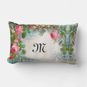 COUSSIN RECTANGLE ROSES ET JASMINES MONOGRAMME FLORAL