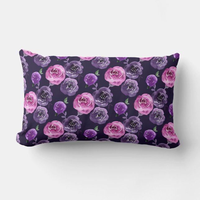Coussin Rectangle Roses Florales Aquarelle Rose Et Violet Romantique (Recto)