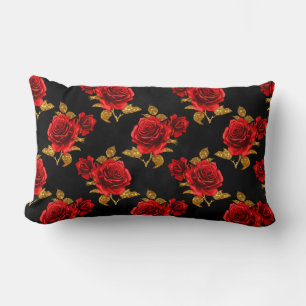 Coussin Rectangle Roses rouges avec Feuilles d'or
