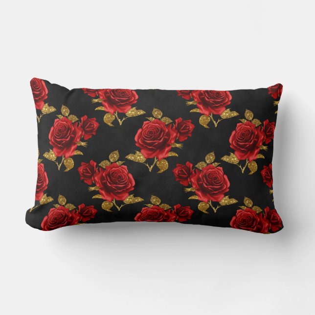 Coussin Rectangle Roses rouges avec Feuilles d'or (Recto)