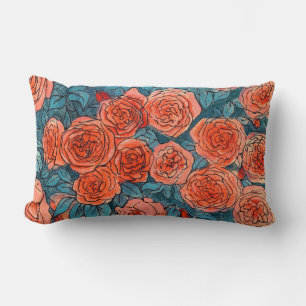 Coussin Rectangle Roses rouges, Bleu Feuille Rose Jardin Fleurs d'ét