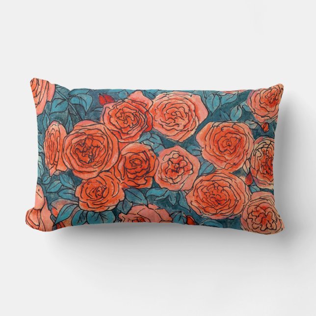 Coussin Rectangle Roses rouges, Bleu Feuille Rose Jardin Fleurs d'ét (Recto)
