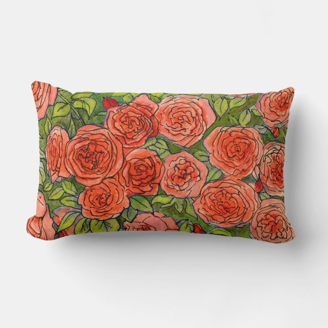 Coussin Rectangle Roses rouges, Vert Feuille Rose Jardin Fleur d'été (Recto)