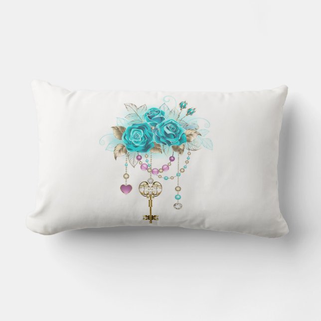 Coussin Rectangle Roses turquoise avec touches (Recto)