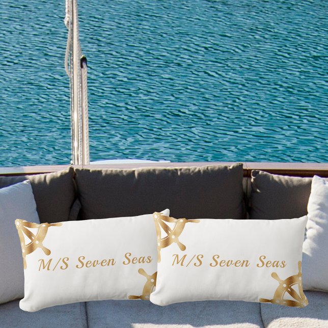 Coussin Rectangle Roues de direction en or blanc nom du bateau (Créateur téléchargé)