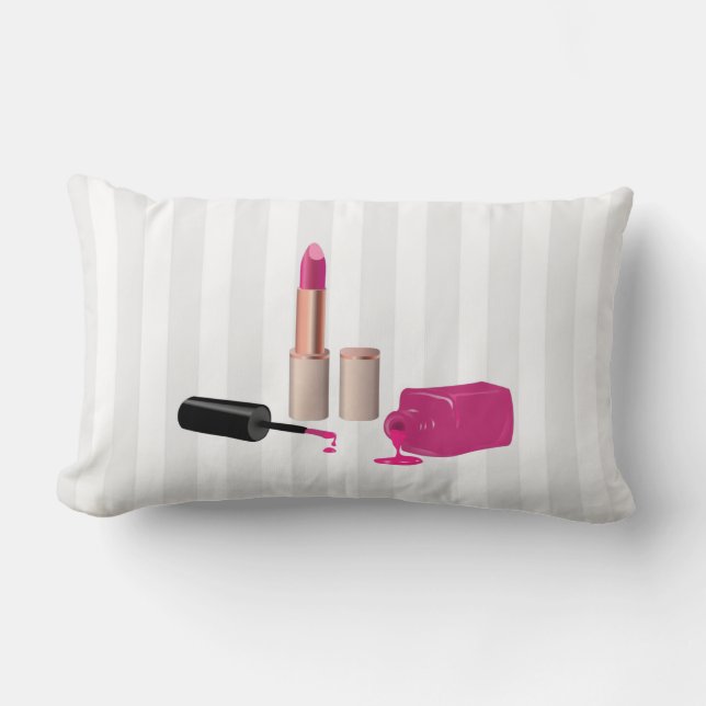 Coussin Rectangle Rouge à lèvres rose et ongle Polonais beauté thème (Recto)