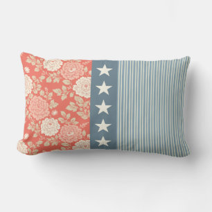 Coussin Rectangle Rouge Blanc Bleu Rayure Impression de Bloc Étoiles