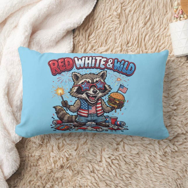 Coussin Rectangle Rouge Blanc et Raton Laveur Sauvage 4 juillet (Couverture)