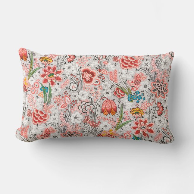 COUSSIN RECTANGLE ROUGE BLEU JAUNE FLEURS SAUVAGES TULIPES, FEUILLES (Recto)