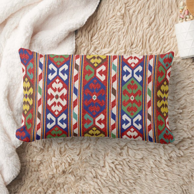 Coussin Rectangle Rouge Bleu Vert Jaune Blanc Oriental Kilim Rug (Couverture)