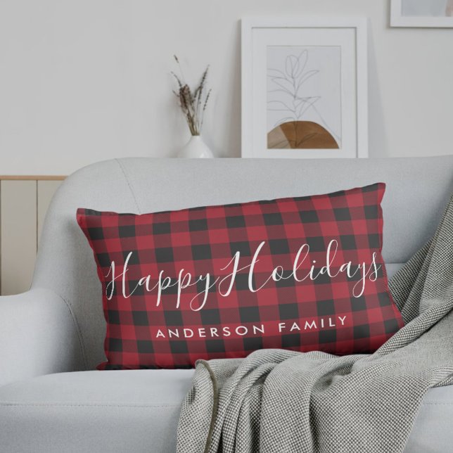 Coussin Rectangle Rouge Buffalo Check Joyeuses Fêtes Nom de la famil (Créateur téléchargé)