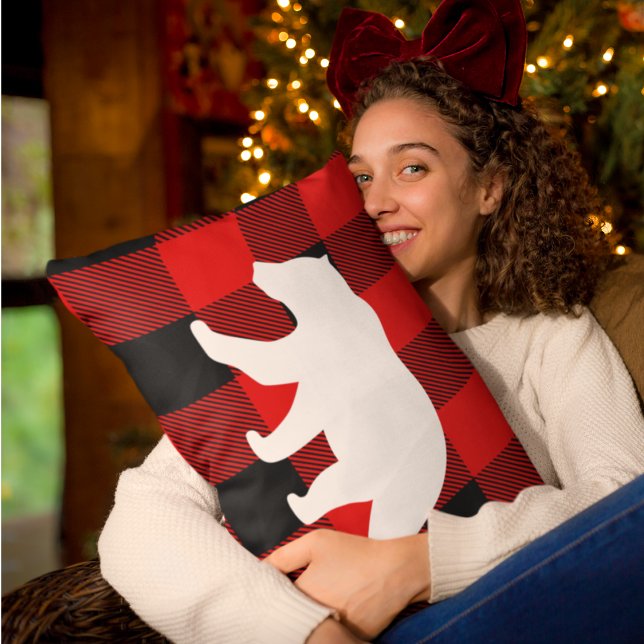 Coussin Rectangle Rouge Buffalo Plaid & Ours Blanc (Créateur téléchargé)